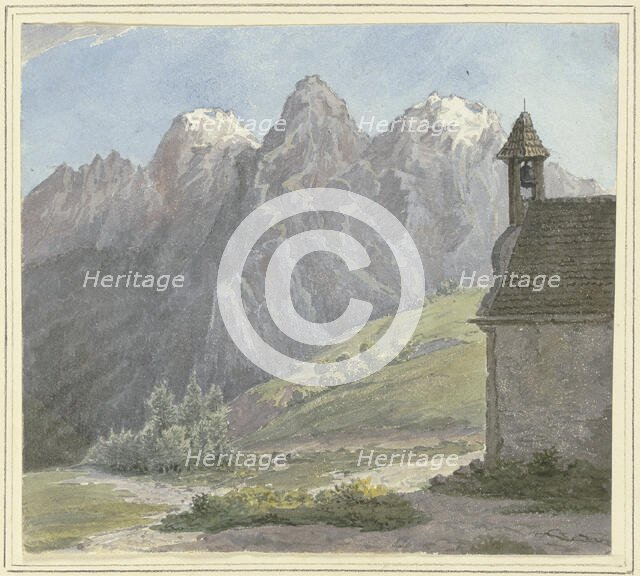 Mountain peak in the Alps, a chapel in the foreground, mid-late 19th century. Creator: Rudolf Maria Bernhard von Stillfried-Alcantara.