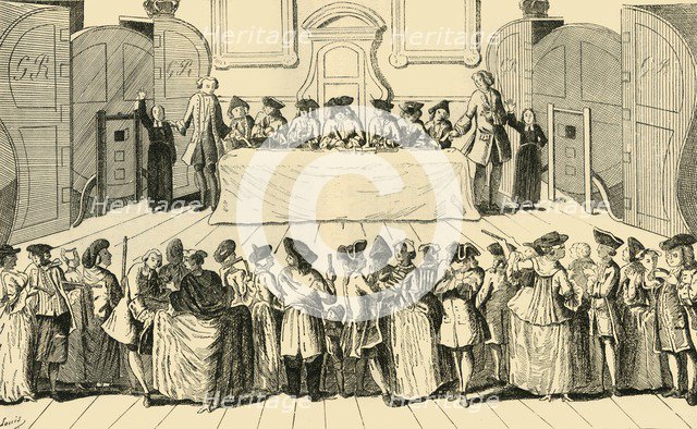 'Drawing the State Lottery at Guildhall', 1751, (c1872). Creator: Unknown.