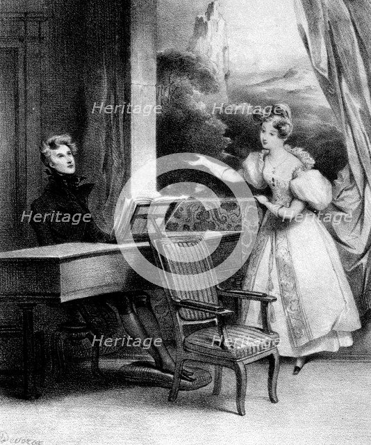 Pianist at the keyboard accompanying a lady singing, 19th century. Artist: Unknown