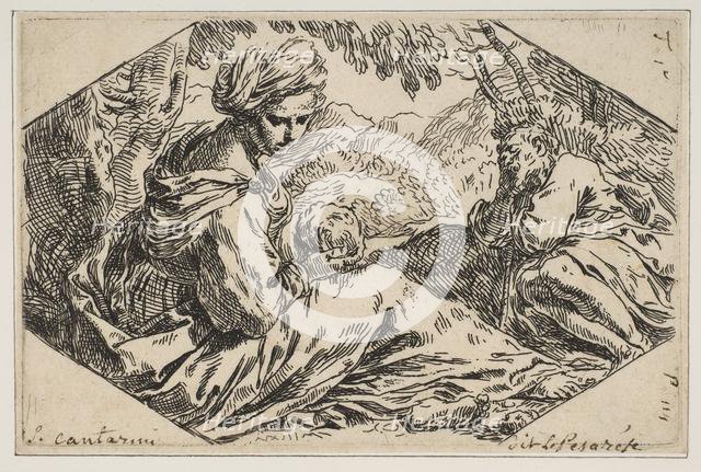 Repose in Egypt, Mary holding and looking at the infant Christ while St. Joseph s..., ca. 1637-1639. Creator: Simone Cantarini.