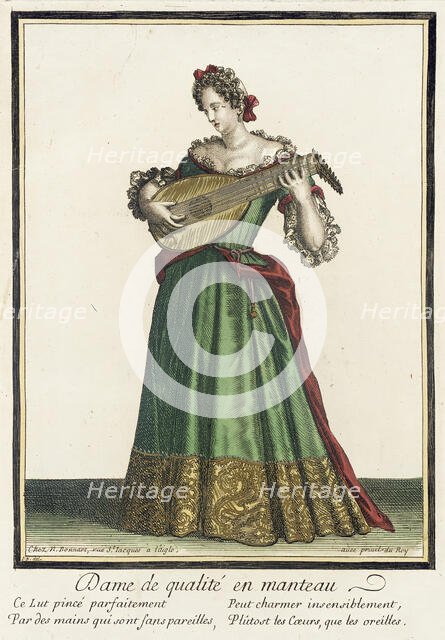Recueil des modes de la cour de France, 'Dame de Qualité en Manteau', between c1682 and c1686. Creator: Nicolas Bonnart.