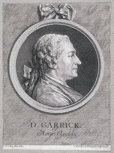 Oval portrait of the actor David Garrick wearing a short wig, with surround, c1780. Artist: Charles Nicolas Cochin