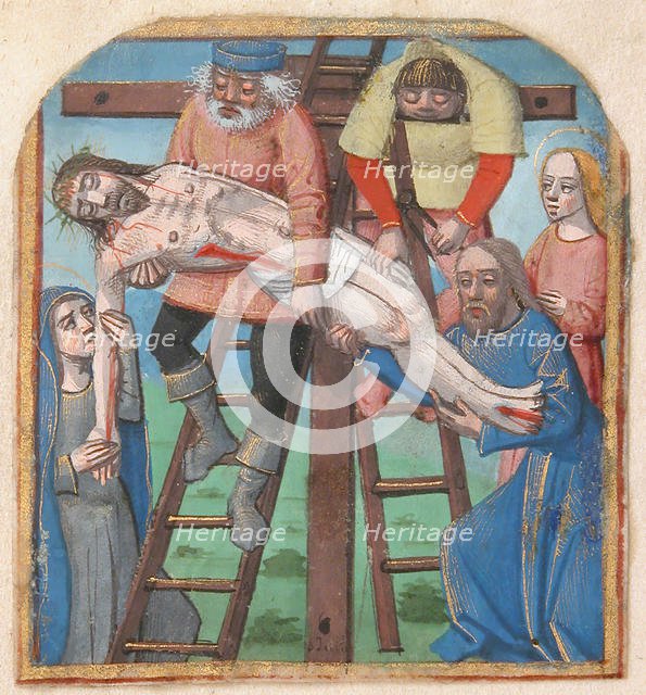 Manuscript Illumination with the Descent from the Cross, from a Book of Hours, late 15th century. Creator: Unknown.