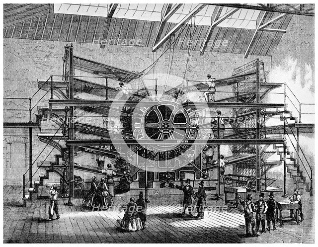 Newspaper printing on a ten feed semi rotary machine, 1860 (1956). Artist: Unknown