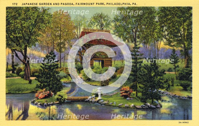 Japanese garden and pagoda, Fairmont Park, Philadelphia, Pennsylvania, USA, 1933. Artist: Unknown
