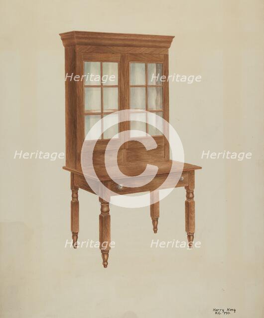 Walnut Desk and Bookcase, c. 1941. Creator: Harry King.