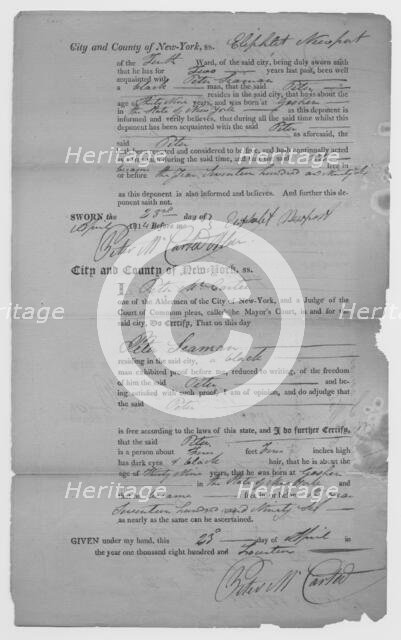 Certificate by City and County of New York for Peter Seaman, 1814-04-23. Creator: Unknown.