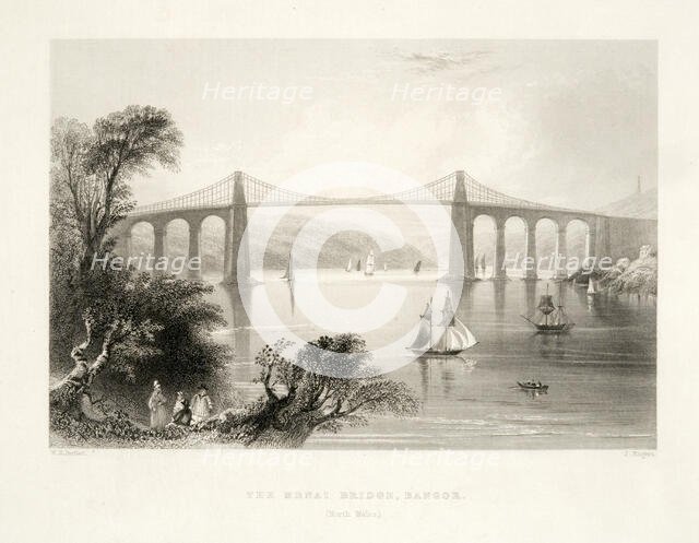 The Menai Bridge, Bangor, North Wales, c1841.	. Creator: William Henry Bartlett.