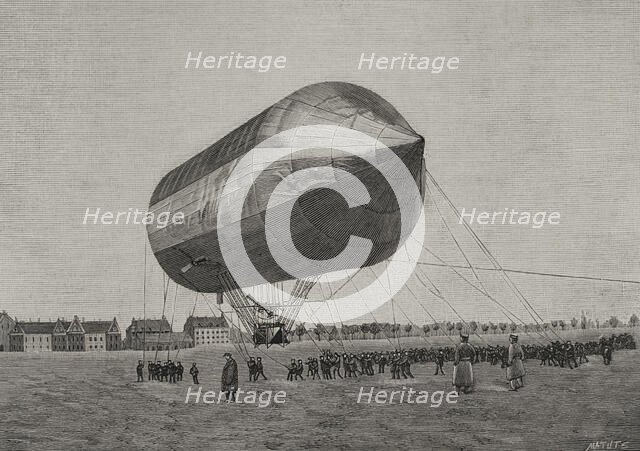 Aerostation flight test with an aluminum airship, held at Tempelhof, nr Berlin, on Nov 3 1897,1898.  Creator: Benigno Matute Parga.