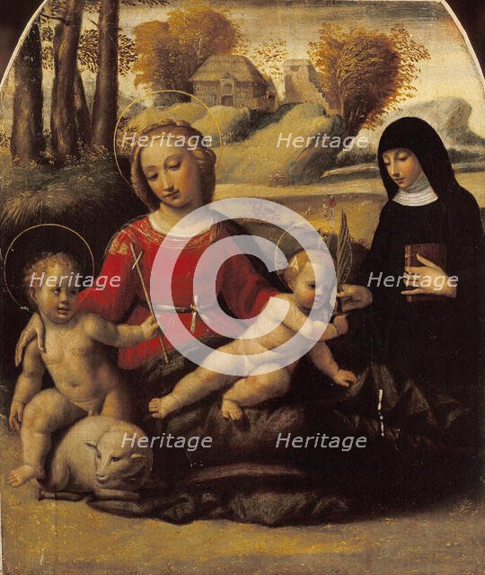 Virgin and child with John the Baptist as a Boy and Saint Scholastica, Early16th cen. Creator: Ortolano (Benvenuti), Giovanni Battista (c. 1480-1525).