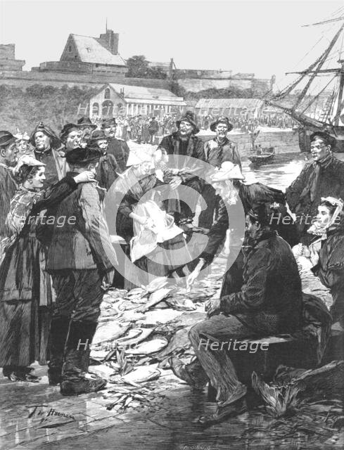 'The Newfoundland Cod Fishery; The Distribution of Dried Fish on the Quay at St. Malo...', 1891. Creator: Unknown.