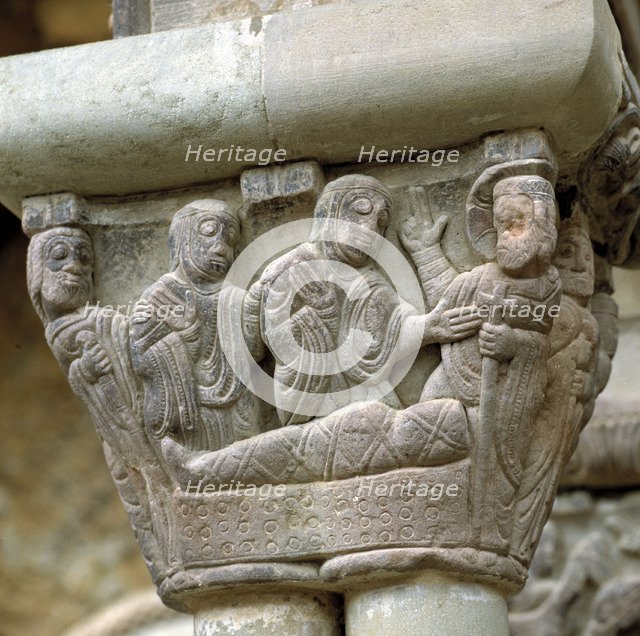 Capitel representing the 'Resurrection of Lazarus', in the cloister of the monastery of San Juan …