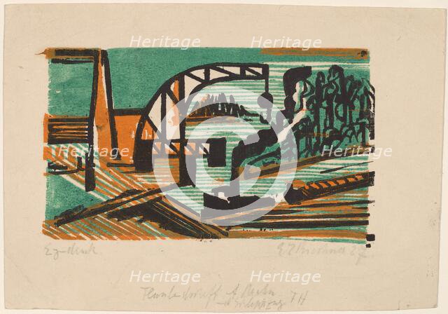 River Landscape with Crane and Barges, 1927. Creator: Ernst Kirchner.