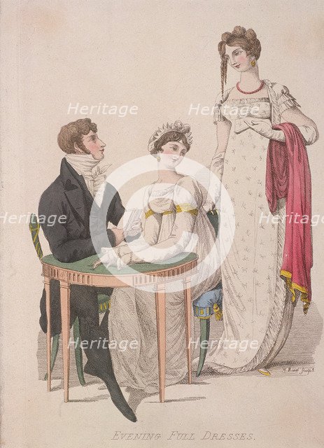 Two women and a man wearing full evening dress, c1810. Artist: W Read