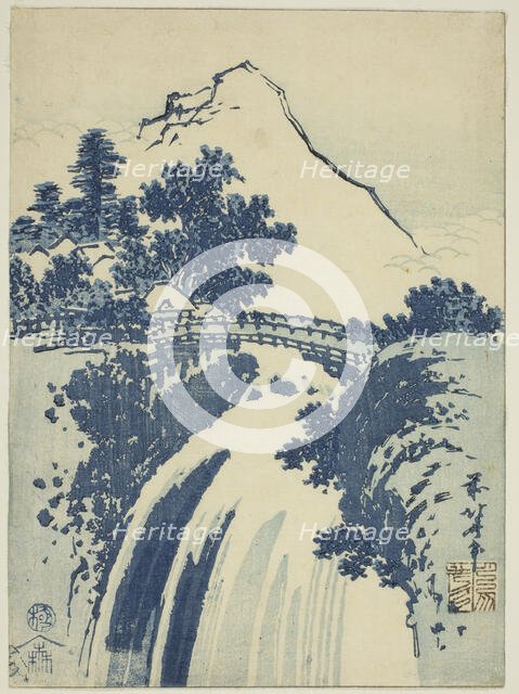 Landscape with waterfall, from an untitled series of chuban prints, Japan, c. 1831. Creator: Hokusai.