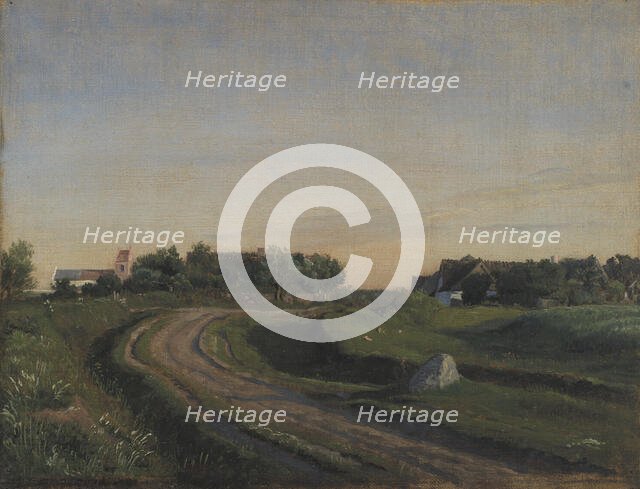 Vejby with the Church seen from the North, Zealand, 1843. Creator: Peter Christian Thamsen Skovgaard.