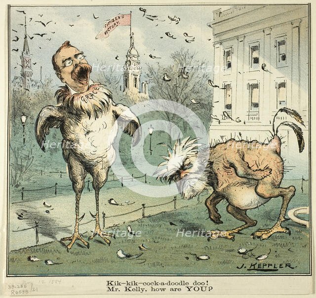 Kik-kik-cock-a-doodle doo! Mr. Kelly, how are YOU?, from Puck, published November 12, 1884. Creator: Joseph Keppler.