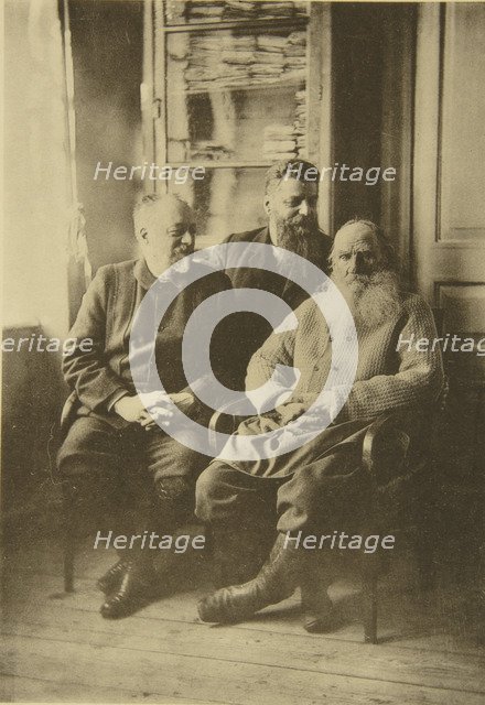 Russian author Leo Tolstoy with politician Mikhail Stakhovich and Mikhail Sukhotin, Russia, 1900s. Artist: Sophia Tolstaya