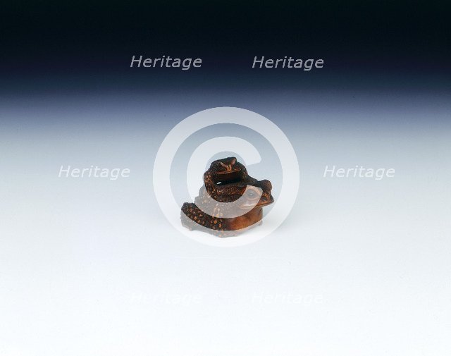 Boxwood netsuke of toad with young, signed by Masanao, Japan, early 19th century. Artist: Masanao