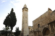 Minaret of the Mosque of Omar near the basilica of the Holy Sepulchre, Jerusalem, Israel, 2014.  Creator: LTL.