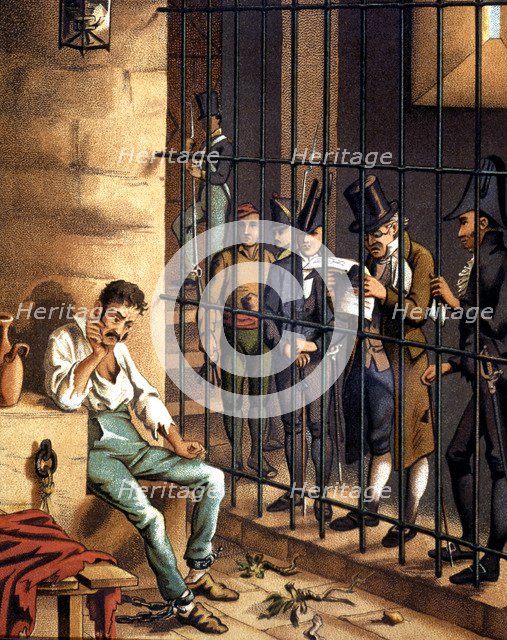 Liberal Triennium,  Juan Martin Diaz 'the Stubborn' in prison while reading his death sentence, 1…