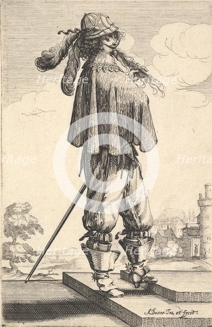 A gentleman wearing a short coat, a helmet, and boots with spurs, standing on the steps an..., 1629. Creator: Abraham Bosse.