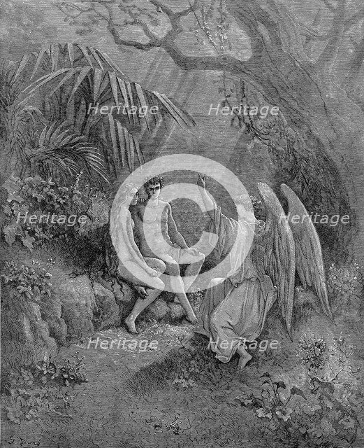 Raphael talks to Adam and Eve. Illustration for John Milton's Paradise Lost, 1866. Artist: Doré, Gustave (1832-1883)