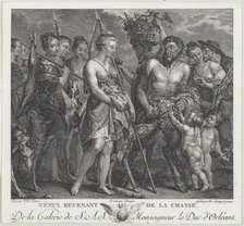 Diana returning from the chase, accompanied by dogs and her nymphs at left, two satyrs..., ca. 1808. Creators: Robert de Launay, Bernard Duvivier.