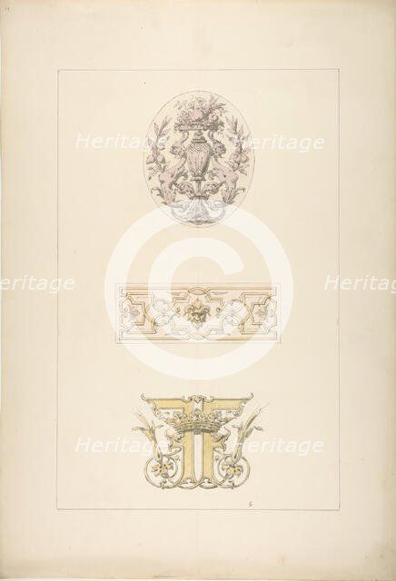 Two designs for decorative panels and one design for an ornamental monogram..., 1830-97. Creators: Jules-Edmond-Charles Lachaise, Eugène-Pierre Gourdet.