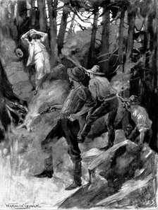 How Justice Works: Three revolvers cracked forth death. Each bullet came true to its mark, 1898. Creator: Unknown.