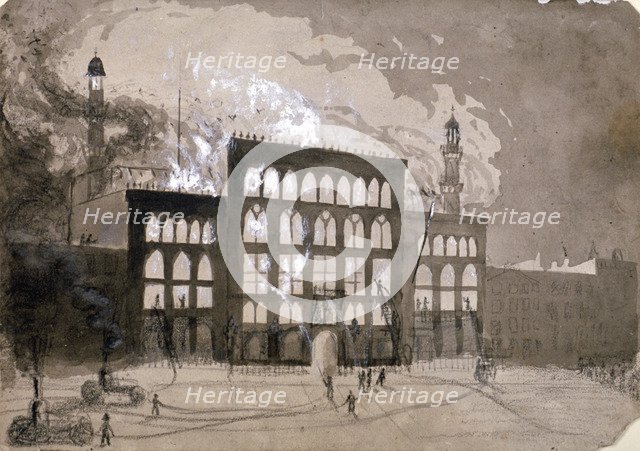 Fire at the Alhambra Theatre, Leicester Square, London, 1882 (1883). Artist: William Dickes