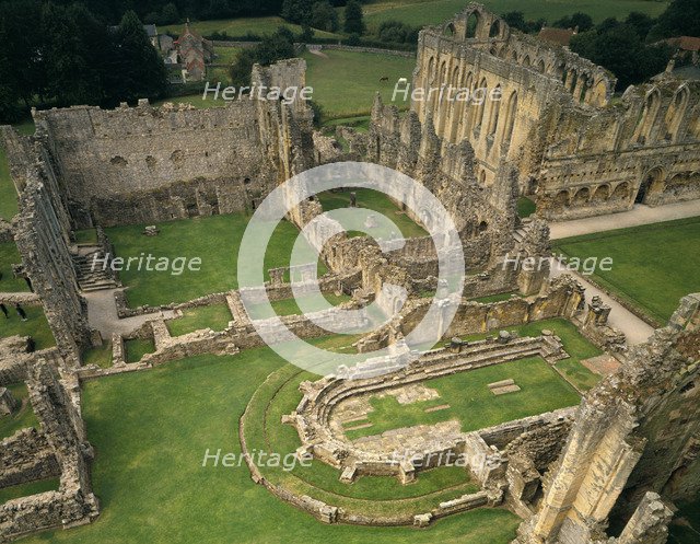 A birds-eye view of buildings around the cloister at Rievaulx Abbey, North Yorkshire, 1994. Artist: Paul Highnam