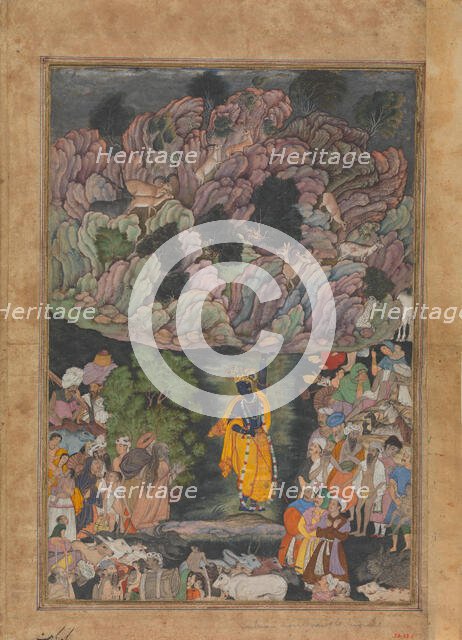 Krishna Holds Up Mount Govardhan to Shelter the Villagers of Braj, Folio from..., ca. 1590-95. Creator: Unknown.