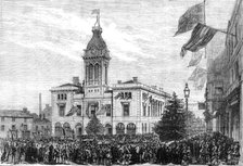 George Stephenson Centenary Festival: procession of benefit societies passing the Market-Hall, 1881. Creator: Unknown.