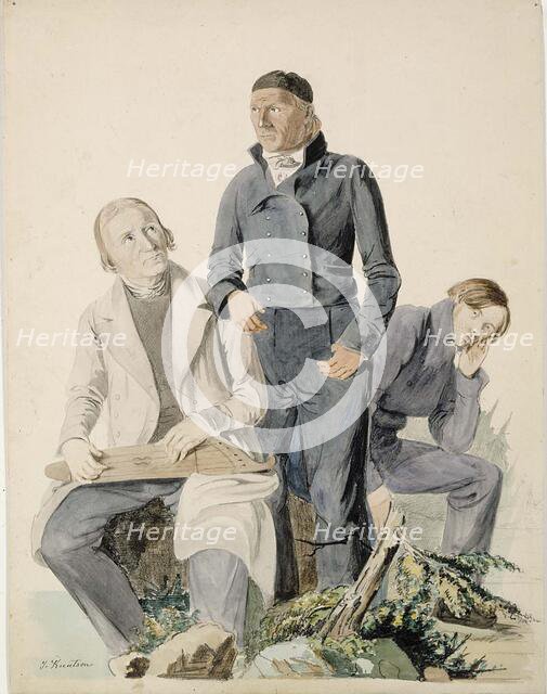 Folk Poets Olli Kymäläinen, Pietari Makkonen and Antti Puhakka, illustration for..., 1845. Creator: Johan Knutson.