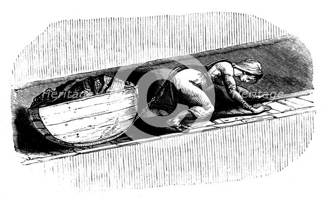 Woman 'putter' dragging a sledge of coal along a narrow seam, South Wales, c1848. Artist: Unknown