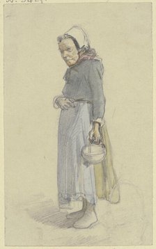 An old woman turned to the left, carrying a basket in her hanging left hand, c1840s.. Creator: Jakob Dielmann.