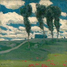Spring landscape with poplar trees, 1914-1920. Creator: Alois Kalvoda.