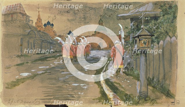 Strelets Patrol at the Ilyinsky Gates in Old Moscow, 1897. Artist: Ryabushkin, Andrei Petrovich (1861-1904)