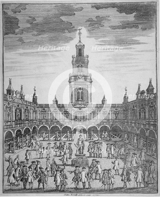 Interior view of the Royal Exchange with merchants, City of London, 1729. Artist: Sutton Nicholls
