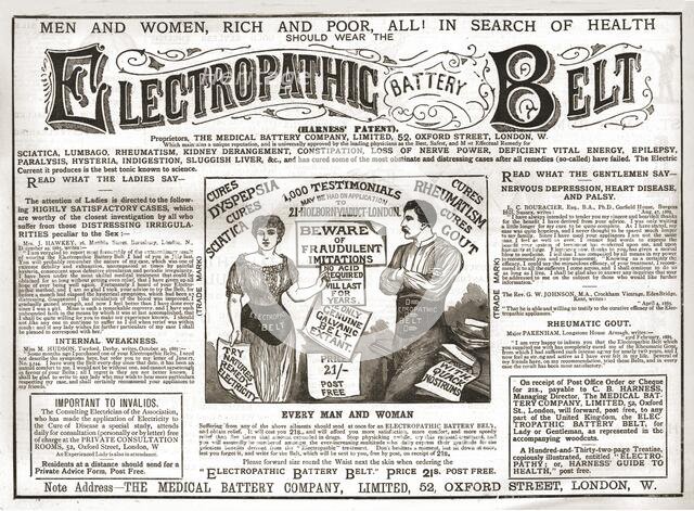 'Electropathic Battery Belt', 1886.  Creator: Unknown.