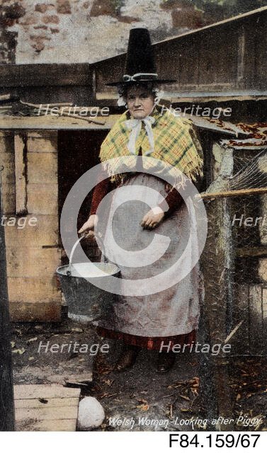 'Welsh woman looking after Piggy', Welsh costume postcard - woman carrying bucket, c1900s. Creator: Unknown.