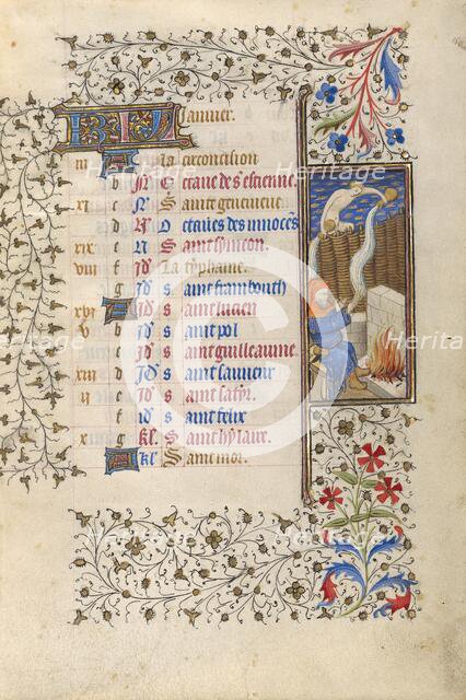 A Man Warming Himself by a Fire; January: Aquarius; Book of Hours; about 1415-1420. Creator: Workshop of the Master of the Rohan Hours.