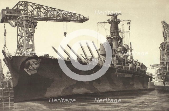 Battle Wagon - USS Alabama Outfitting at Norfolk Navy Yard Crane Ship Kearsarge Alongside, 1943. Creator: John Taylor Arms.