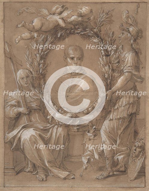 Portrait of an Ecclesiastic Flanked by a Female Saint and Athena, 17th century. Creator: Anon.