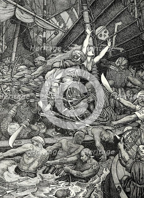 "He saw two cities in a thousand boats all fighting for a woman on the sea", 1898. Creators: Louis John Rhead, George Woolliscroft Rhead.