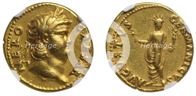 Aureus of Emperor Nero. Obverse: Laureate head of Nero. Reverse: The Colossus of Nero , 54-68. Creator: Numismatic, Ancient Coins  .
