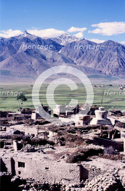 Stupa and mountains, Padum, Ladakh, India, 1988. Creator: Amanda Waite.