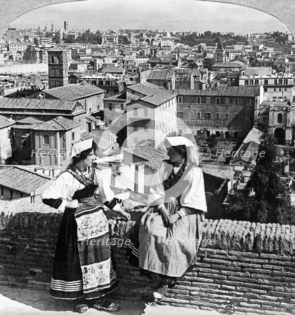 Two women in traditional costume in Rome, Italy.Artist: Underwood & Underwood