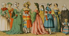 Women's dresses from different social classes, German, 1500-1550, (1881).  Creator: Unknown.